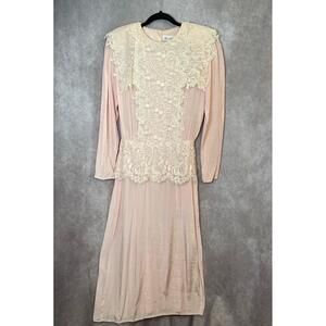 Vintage 80s Miss Ashley California Pink with White Lace Satin Long‎ Sleeve Sz 10